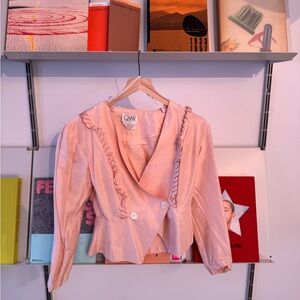 Vintage light pink pearlescent 100% silk blouse, size M.